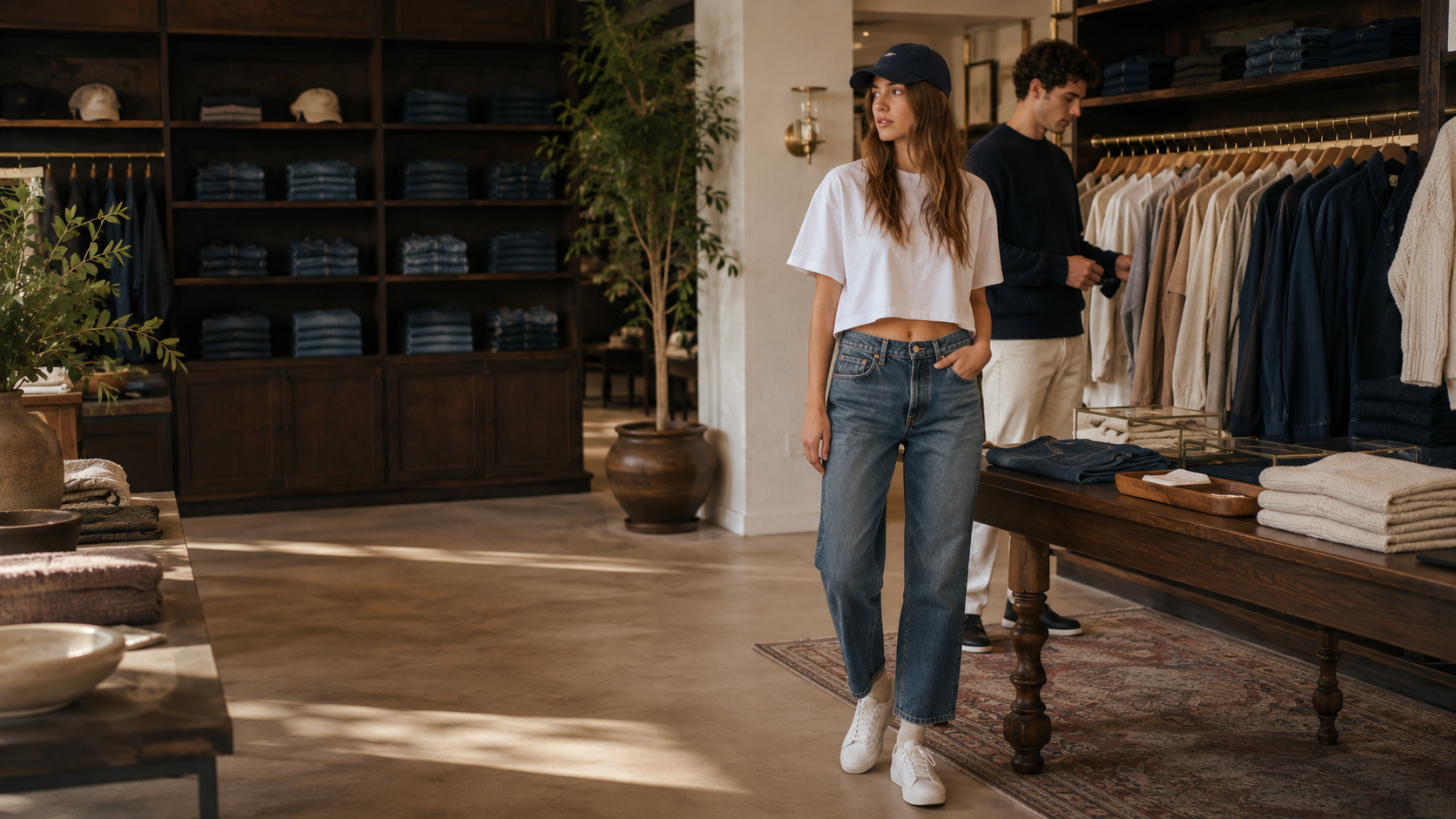 Models browsing denim and essentials in the Northline store